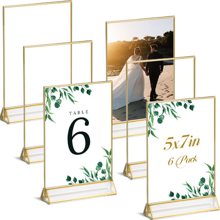 UNIQOOO Acrylic Sign Holders with Golden Border, Portrait View, Pack of 6 | 5x7 Double Sided Clear Frame