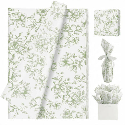 UNIQOOO 120 Sheets Green Floral Tissue Paper, Sage Green Bloom Gift Wrapping Paper for Wedding, DIY Craft Tissue for Birthday Party Decoration Packaging, 20 x 14 Inch