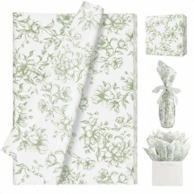 UNIQOOO 120 Sheets Green Floral Tissue Paper, Sage Green Bloom Gift Wrapping Paper for Wedding, DIY Craft Tissue for Birthday Party Decoration Packaging, 20 x 14 Inch