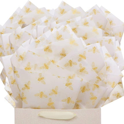 UNIQOOO 100 Sheets Honey Bee Tissue Paper, 20X14 Inch Metallic Gold Foil Gift Wrapping Bulk, for Wedding Birthday Baby Shower Party Favor, Gift Bag Box DIY Packaging