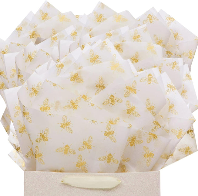 UNIQOOO 100 Sheets Honey Bee Tissue Paper, 20X14 Inch Metallic Gold Foil Gift Wrapping Bulk, for Wedding Birthday Baby Shower Party Favor, Gift Bag Box DIY Packaging