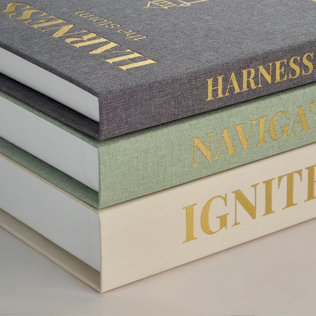 Decorative Books for Home Decor, Set of 3 Faux Books with Hidden Storage, Linen Fake Book Box for Coffee Table Bookshelf Decor (Minimalist begie-green-grey)