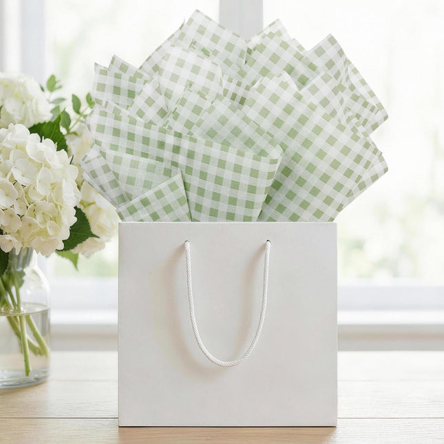 UNIQOOO 120 Sheets Gingham Tissue Paper, Sage Green Tissue Paper Gift Wrapping Tissue DIY Art Craft for Wedding Birthday Baby Shower Bouquet Supplies, 20 x 14 Inch