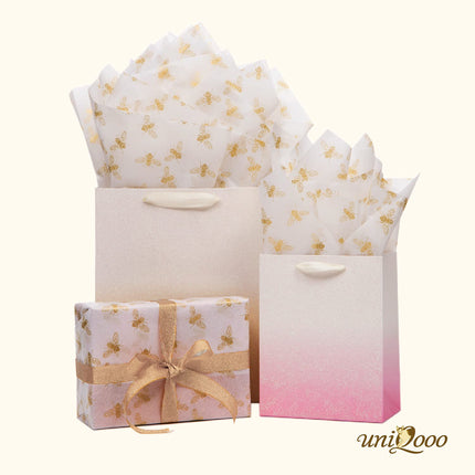 UNIQOOO 40 Sheets Large 26X20 Inch Metallic Gold Foil Honey Bee Gift Wrapping Tissue Paper Bulk, for Wedding Birthday Baby Shower Party Favor, Gift Bag Box Packaging, DIY