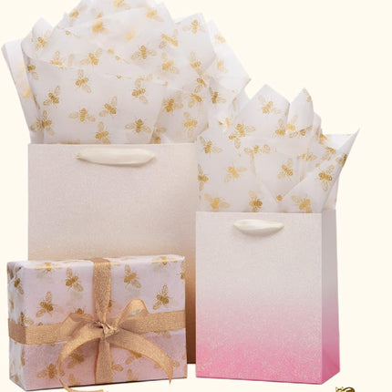UNIQOOO 100 Sheets Honey Bee Tissue Paper, 20X14 Inch Metallic Gold Foil Gift Wrapping Bulk, for Wedding Birthday Baby Shower Party Favor, Gift Bag Box DIY Packaging