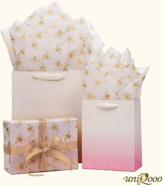 UNIQOOO 100 Sheets Honey Bee Tissue Paper, 20X14 Inch Metallic Gold Foil Gift Wrapping Bulk, for Wedding Birthday Baby Shower Party Favor, Gift Bag Box DIY Packaging