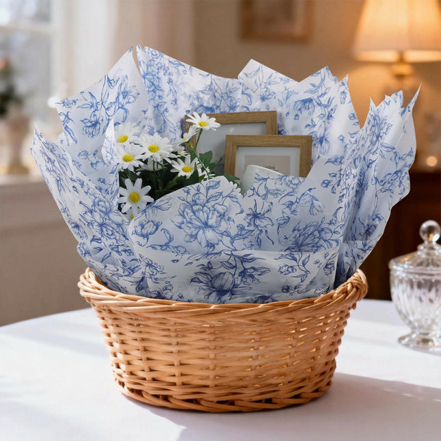 UNIQOOO 120 Sheets Blue Floral Tolie Tissue Paper Vintage Blue Bloom Gift Wrapping Paper for Wedding, DIY Craft Tissue for Birthday Party Decoration Packaging, 20 x 14 Inch