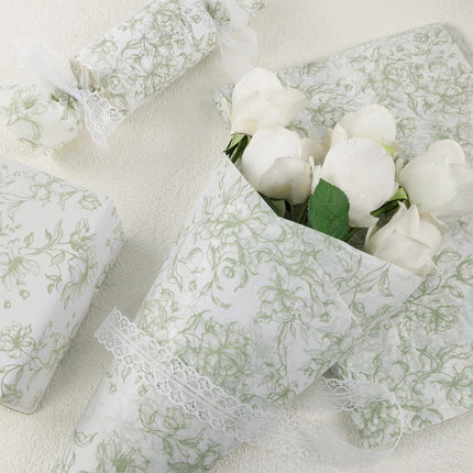 UNIQOOO 120 Sheets Green Floral Tissue Paper, Sage Green Bloom Gift Wrapping Paper for Wedding, DIY Craft Tissue for Birthday Party Decoration Packaging, 20 x 14 Inch