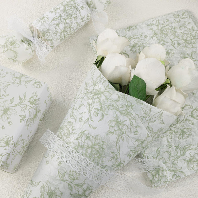 UNIQOOO 120 Sheets Green Floral Tissue Paper, Sage Green Bloom Gift Wrapping Paper for Wedding, DIY Craft Tissue for Birthday Party Decoration Packaging, 20 x 14 Inch