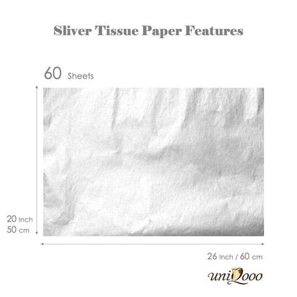 UNIQOOO 60 Sheets 26X20In Metallic Silver Foil Gift Tissue Paper Bulk, Recyclable Durable for Gift Bags Box Gift Wrapping DIY Craft, Wedding Birthday Party Favor Decor, Shredded Filler, Pinata