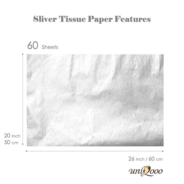 UNIQOOO 60 Sheets 26X20In Metallic Silver Foil Gift Tissue Paper Bulk, Recyclable Durable for Gift Bags Box Gift Wrapping DIY Craft, Wedding Birthday Party Favor Decor, Shredded Filler, Pinata