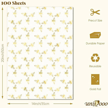 UNIQOOO 100 Sheets Honey Bee Tissue Paper, 20X14 Inch Metallic Gold Foil Gift Wrapping Bulk, for Wedding Birthday Baby Shower Party Favor, Gift Bag Box DIY Packaging