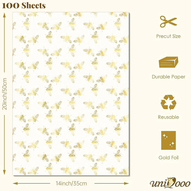 UNIQOOO 100 Sheets Honey Bee Tissue Paper, 20X14 Inch Metallic Gold Foil Gift Wrapping Bulk, for Wedding Birthday Baby Shower Party Favor, Gift Bag Box DIY Packaging