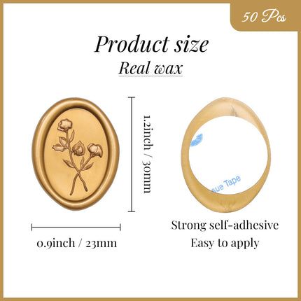 UNIQOOO Wax Seal Stickers - 3D Floral Oval Shape Wedding Invitation Envelope Seal Stickers, 50 Pcs Antique Gold, Perfect for Invitations, Christmas, Gift Wrapping