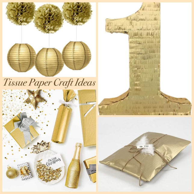 UNIQOOO 100 Sheets Metallic Gold Foil Tissue Paper Bulk, Recyclable Durable for Gift Bags Box Gift Wrapping DIY Craft, Wedding Birthday Party Favor Decor, Shredded Filler, Pinata, 20X14in