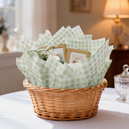 UNIQOOO 120 Sheets Gingham Tissue Paper, Sage Green Tissue Paper Gift Wrapping Tissue DIY Art Craft for Wedding Birthday Baby Shower Bouquet Supplies, 20 x 14 Inch