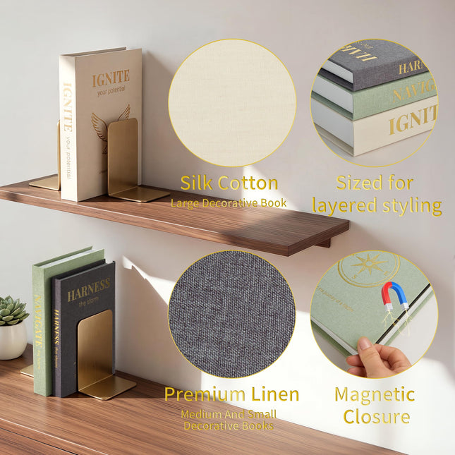 Decorative Books for Home Decor, Set of 3 Faux Books with Hidden Storage, Linen Fake Book Box for Coffee Table Bookshelf Decor (Minimalist begie-green-grey)