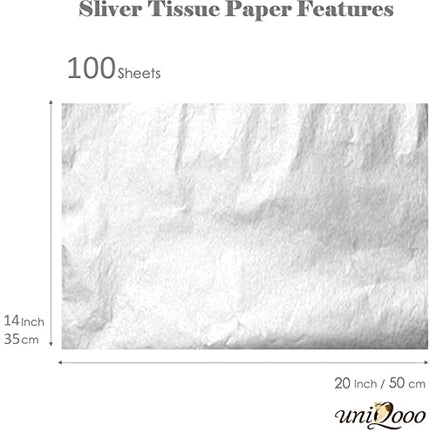 UNIQOOO 100 Sheets Metallic Silver Foil Gift Tissue Paper Bulk, 20X14 Inch, Art Wrapping Paper For Gift Bag Box Packing, Wedding Birthday Party Favor, Pom Pom Piñata Tassel