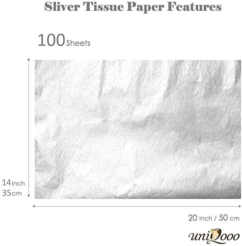 UNIQOOO 100 Sheets Metallic Silver Foil Gift Tissue Paper Bulk, 20X14 Inch, Art Wrapping Paper For Gift Bag Box Packing, Wedding Birthday Party Favor, Pom Pom Piñata Tassel