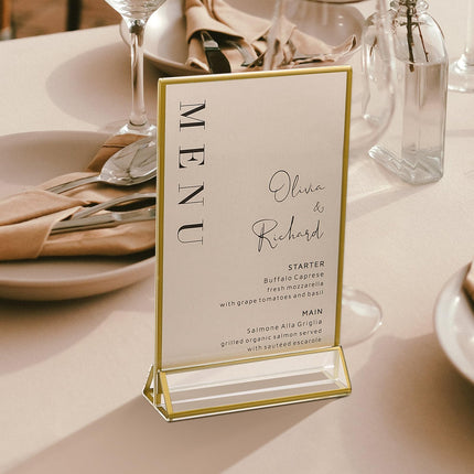 UNIQOOO Acrylic Sign Holders with Golden Border, Portrait View, Pack of 12 | 5x7 Double Sided Clear Frame, Perfect for Wedding reception, Centerpiece, Decoration, Party,Anniversary, Event