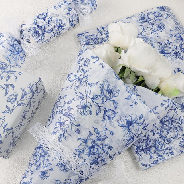UNIQOOO 120 Sheets Blue Floral Tolie Tissue Paper Vintage Blue Bloom Gift Wrapping Paper for Wedding, DIY Craft Tissue for Birthday Party Decoration Packaging, 20 x 14 Inch