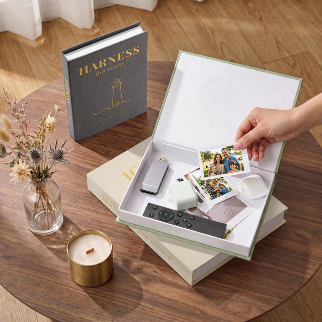 Decorative Books for Home Decor, Set of 3 Faux Books with Hidden Storage, Linen Fake Book Box for Coffee Table Bookshelf Decor (Minimalist begie-green-grey)