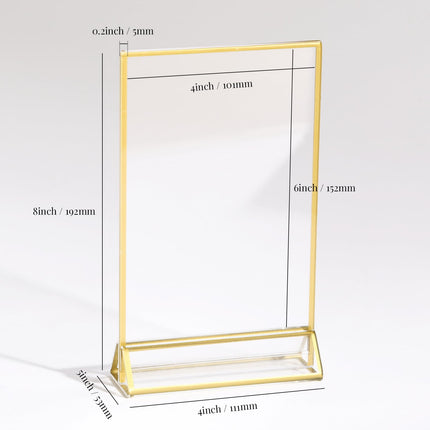 UNIQOOO Acrylic Sign Holders with Golden Border, Portrait View, Pack of 12 | 4x6 Inches Double Sided Clear Frame, Perfect for Wedding reception, Centerpiece, Decoration, Party,Anniversary, Event