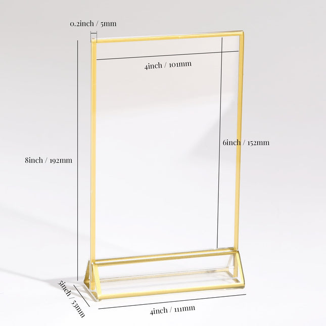 UNIQOOO Acrylic Sign Holders with Golden Border, Portrait View, Pack of 12 | 4x6 Inches Double Sided Clear Frame, Perfect for Wedding reception, Centerpiece, Decoration, Party,Anniversary, Event