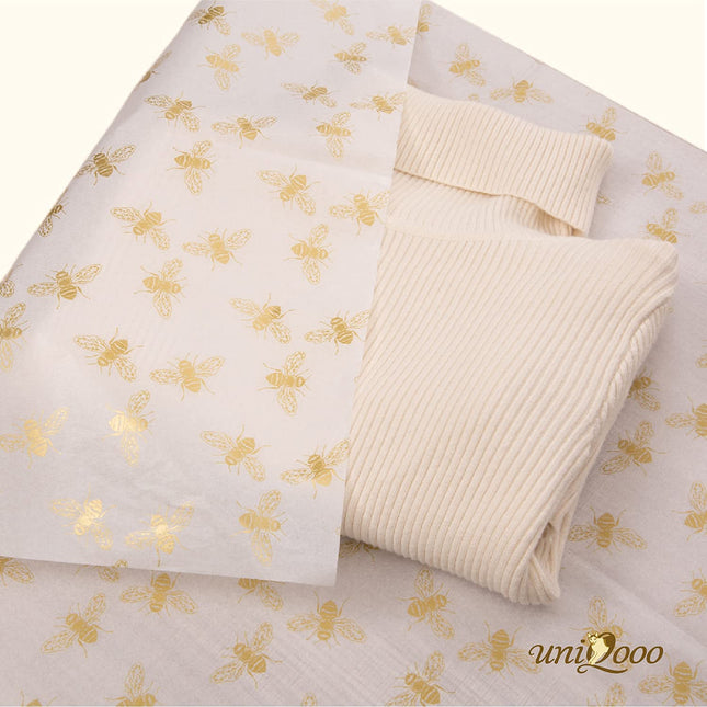 UNIQOOO 100 Sheets Honey Bee Tissue Paper, 20X14 Inch Metallic Gold Foil Gift Wrapping Bulk, for Wedding Birthday Baby Shower Party Favor, Gift Bag Box DIY Packaging