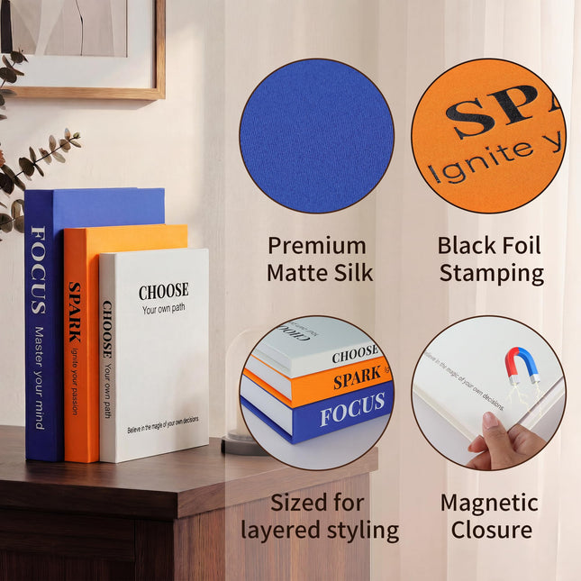 Decorative Books for Home Decor, Set of 3 Faux Books with Hidden Storage, Matte Silk Fake Book Box for Coffee Table Bookshelf Decor (Preppy blue-orange-white)