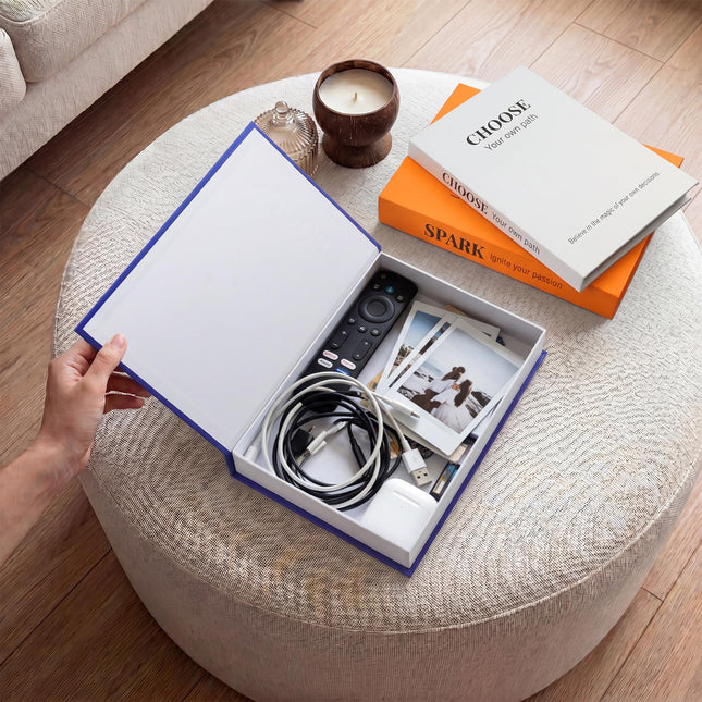 Decorative Books for Home Decor, Set of 3 Faux Books with Hidden Storage, Matte Silk Fake Book Box for Coffee Table Bookshelf Decor (Preppy blue-orange-white)