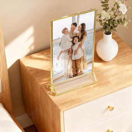 UNIQOOO Acrylic Sign Holders with Golden Border, Portrait View, Pack of 6 | 4x6 Inches Double Sided Clear Frame, Perfect for Wedding reception, Centerpiece, Decoration, Party,Anniversary, Event