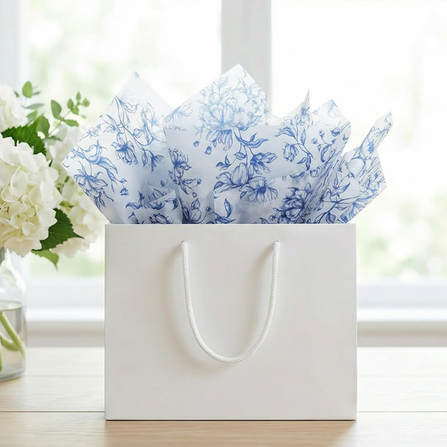 UNIQOOO 120 Sheets Blue Floral Tolie Tissue Paper Vintage Blue Bloom Gift Wrapping Paper for Wedding, DIY Craft Tissue for Birthday Party Decoration Packaging, 20 x 14 Inch
