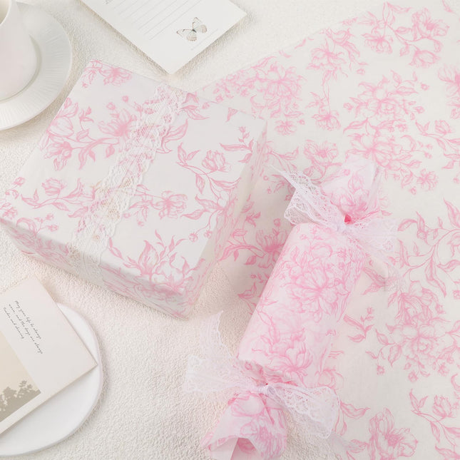 UNIQOOO 120 Sheets Pink Floral Tissue Paper, Rose Pink Bloom Gift Wrapping Paper for Wedding, DIY Craft Tissue for Birthday Party Decoration Packaging, 20 x 14 Inch