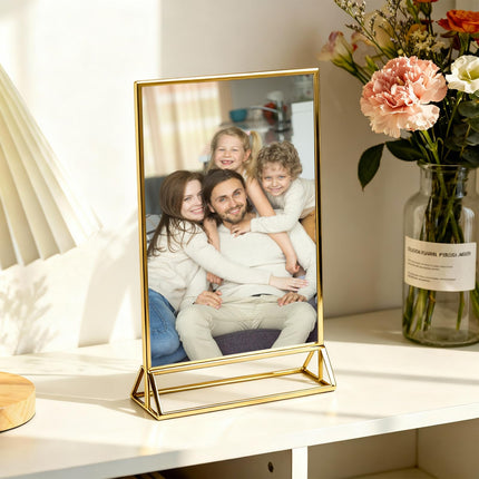 UNIQOOO Acrylic Sign Holders with Golden Border, Portrait View, Pack of 12 | 5x7 Double Sided Clear Frame, Perfect for Wedding reception, Centerpiece, Decoration, Party,Anniversary, Event