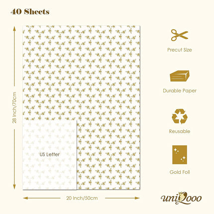 UNIQOOO 40 Sheets Large 26X20 Inch Metallic Gold Foil Honey Bee Gift Wrapping Tissue Paper Bulk, for Wedding Birthday Baby Shower Party Favor, Gift Bag Box Packaging, DIY