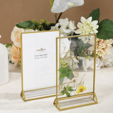 UNIQOOO Acrylic Sign Holders with Golden Border, Portrait View, Pack of 6 | 5x7 Double Sided Clear Frame