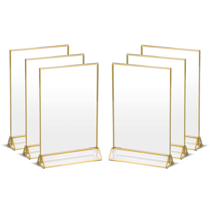UNIQOOO Acrylic Sign Holders with Golden Border, Portrait View, Pack of 6 | 4x6 Inches Double Sided Clear Frame, Perfect for Wedding reception, Centerpiece, Decoration, Party,Anniversary, Event
