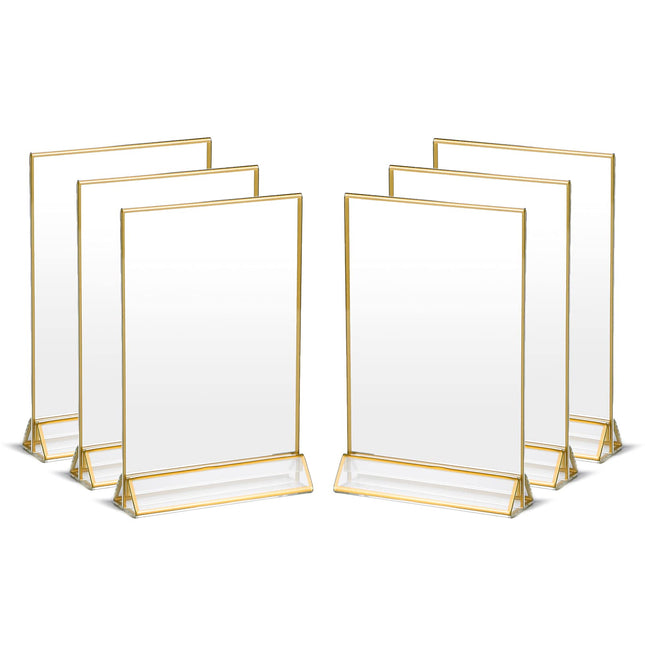 UNIQOOO Acrylic Sign Holders with Golden Border, Portrait View, Pack of 6 | 4x6 Inches Double Sided Clear Frame, Perfect for Wedding reception, Centerpiece, Decoration, Party,Anniversary, Event