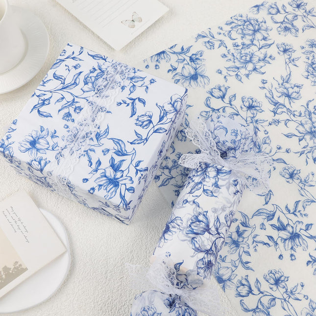 UNIQOOO 120 Sheets Blue Floral Tolie Tissue Paper Vintage Blue Bloom Gift Wrapping Paper for Wedding, DIY Craft Tissue for Birthday Party Decoration Packaging, 20 x 14 Inch