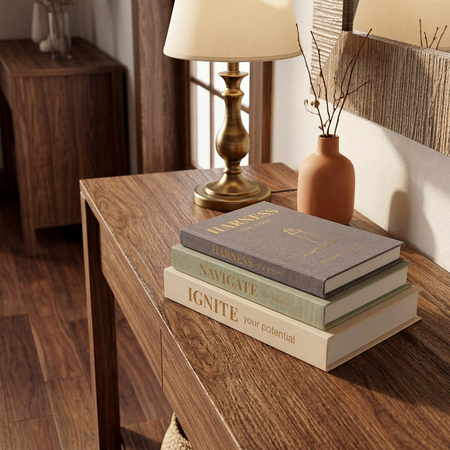 Decorative Books for Home Decor, Set of 3 Faux Books with Hidden Storage, Linen Fake Book Box for Coffee Table Bookshelf Decor (Minimalist begie-green-grey)