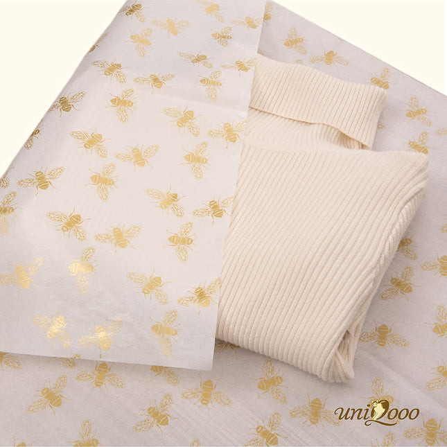 UNIQOOO 40 Sheets Large 26X20 Inch Metallic Gold Foil Honey Bee Gift Wrapping Tissue Paper Bulk, for Wedding Birthday Baby Shower Party Favor, Gift Bag Box Packaging, DIY