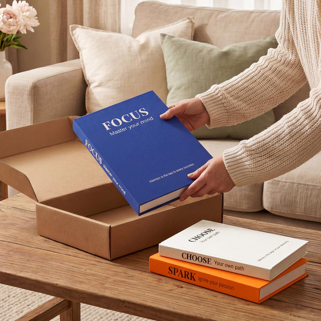 Decorative Books for Home Decor, Set of 3 Faux Books with Hidden Storage, Matte Silk Fake Book Box for Coffee Table Bookshelf Decor (Preppy blue-orange-white)