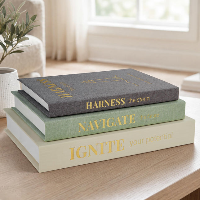 Decorative Books for Home Decor, Set of 3 Faux Books with Hidden Storage, Linen Fake Book Box for Coffee Table Bookshelf Decor (Minimalist begie-green-grey)