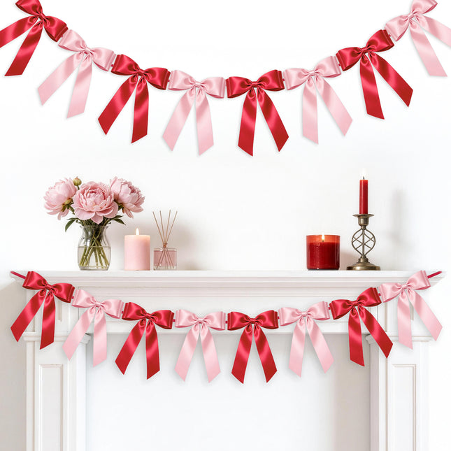 1-String Pink& Red Bow Garland Banner, 8 Pre-Strung Satin Ribbon Bows, for Baby Shower, Bridal Shower Birthday & Wedding Party, Valentine’s Day, Mother’s Day, Reusable Coquette Wall Mantel Table Decor