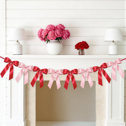 1-String Pink& Red Bow Garland Banner, 8 Pre-Strung Satin Ribbon Bows, for Baby Shower, Bridal Shower Birthday & Wedding Party, Valentine’s Day, Mother’s Day, Reusable Coquette Wall Mantel Table Decor