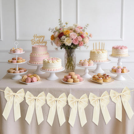 FLAIR GIFTS 1-String 6.5ft Ivory White Bows Garland Banner, 6 Pcs Pre-Strung Bows Party Decorations for Bridal Shower, Birthday, Bachelorette Party, Baby Shower, Tea Party Supplies