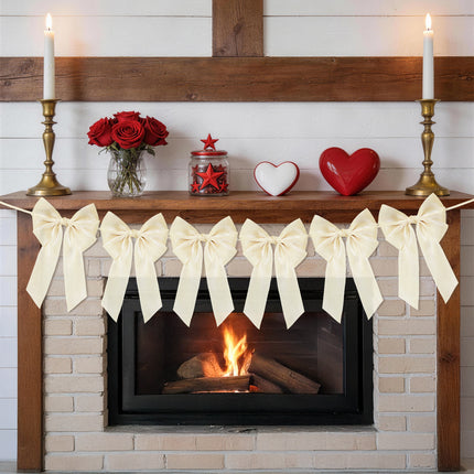 FLAIR GIFTS 1-String 6.5ft Ivory White Bows Garland Banner, 6 Pcs Pre-Strung Bows Party Decorations for Bridal Shower, Birthday, Bachelorette Party, Baby Shower, Tea Party Supplies