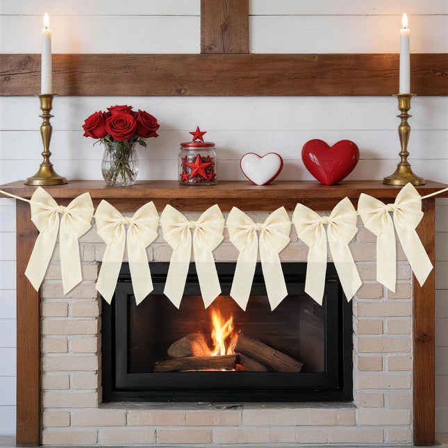 FLAIR GIFTS 1-String 6.5ft Ivory White Bows Garland Banner, 6 Pcs Pre-Strung Bows Party Decorations for Bridal Shower, Birthday, Bachelorette Party, Baby Shower, Tea Party Supplies