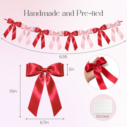 1-String Pink& Red Bow Garland Banner, 8 Pre-Strung Satin Ribbon Bows, for Baby Shower, Bridal Shower Birthday & Wedding Party, Valentine’s Day, Mother’s Day, Reusable Coquette Wall Mantel Table Decor